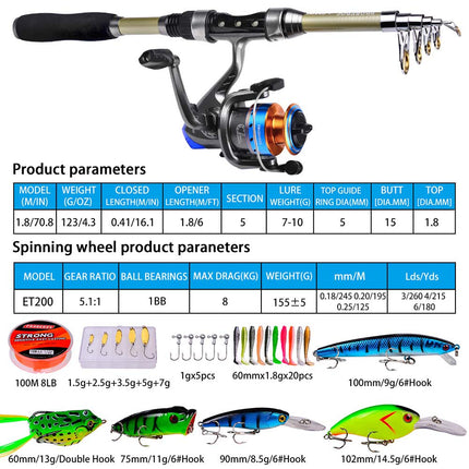 1.8M Telescopic Fishing Rod and Reel Combo Carbon Fiber Fishing Rod Kit w/ Lures