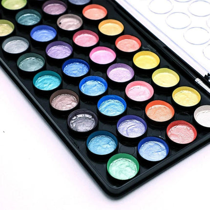 36 Colours Metallic Watercolour Set Includes Mixing Wells & Paint Brush