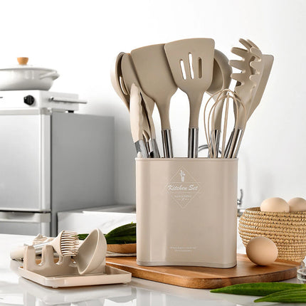 13PCS Silicone Kitchen Utensil Set with Stainless Steel Handles Non-Stick Tools (Beige)