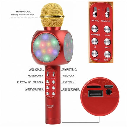 Bluetooth Wireless Handheld Microphone Built in Speaker Portable Karaoke Party Red