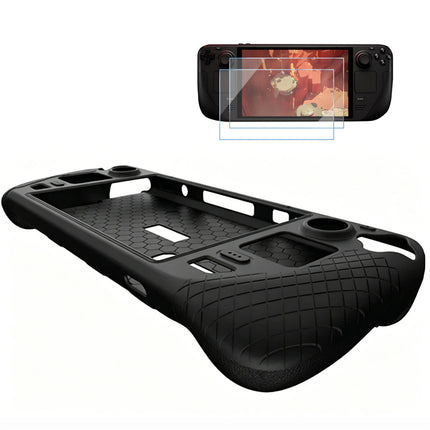 Black Silicone Protective Case Cover with 2-Pack Glass Screen Protectors for Steam Deck OLED