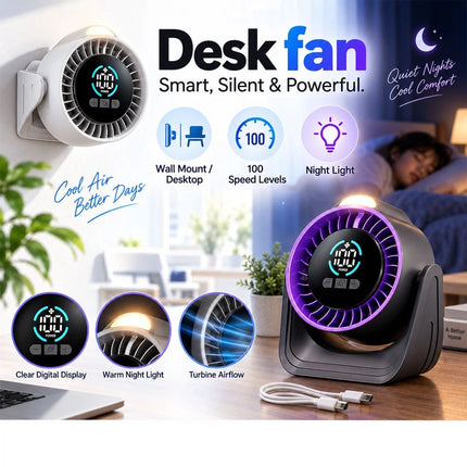 100 Speed USB Desk Fan Portable Mini Quiet Personal Cooling Fan With LED Light