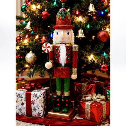 38cm 15" Christmas Wooden Nutcracker Soldier Puppet Guard Statue Xmas Ornament Soldier w Christmas Tree Hat