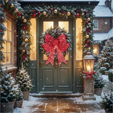 Large Red Bow Pre-Lit LED Light with Red Ribbon Christmas Door Tree Decor
