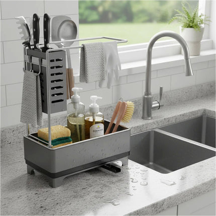 Gunmetal Grey 2 Tier Kitchen Sink Caddy Organizer with Brush and Sponge Holder Stainless Steel