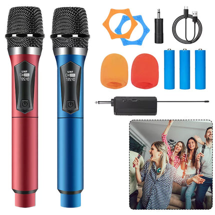 2x Wireless Microphone Handheld Cordless UHF Dynamic Mic System Karaoke Receiver 1x Red + 1x Blue