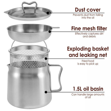 Oil Filter Pot Stainless Steel Oil Strainer Pot with Lid and Fine Mesh leNxU  (1.5L (with bombing basket))