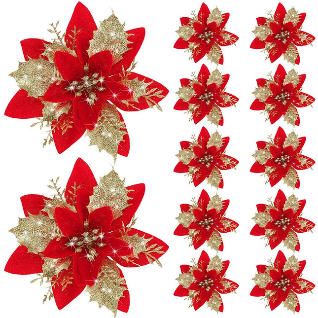 30pcs Christmas Poinsettia Glitter Flower Tree Hanging Xmas Party Tree Decoration red&gold