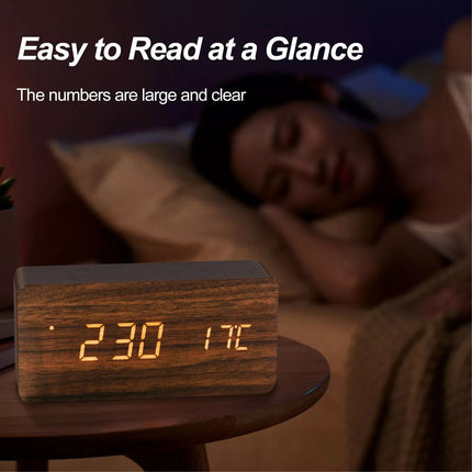 Wooden LED Digital Alarm Clock Temperature Bedside Table Time Display Room Decor