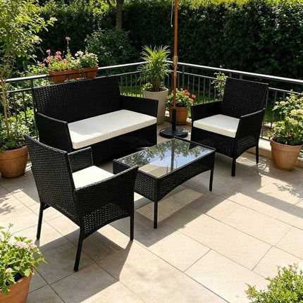 4-Piece Outdoor Patio Wicker Lounge Set Chair with Cushions & Glass Coffee Table