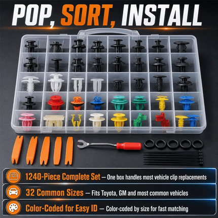 1240Pcs Car Push Retainer Clips & Auto Fasteners Plastic Assortment Kit Pry Bar