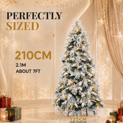 210cm Snow Flocked Christmas Tree Warm 330 LEDs Light Pre Lit Pine Cone Winter Xmas Decor