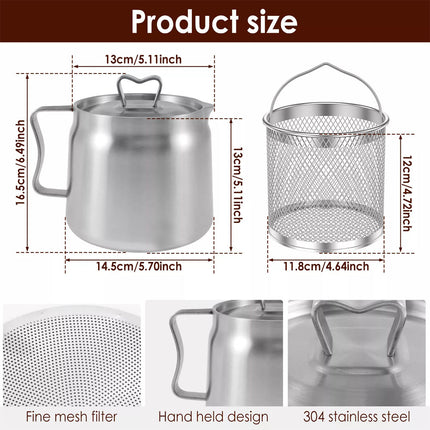 Oil Filter Pot Stainless Steel Oil Strainer Pot with Lid and Fine Mesh leNxU  (1.5L (with bombing basket))