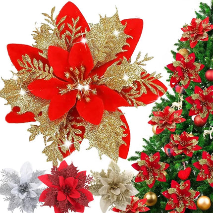 30pcs Christmas Poinsettia Glitter Flower Tree Hanging Xmas Party Tree Decoration red&gold
