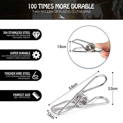 50 pegs Stainless Steel Clothes Hanging Clips Pins Laundry Windproof Clamp