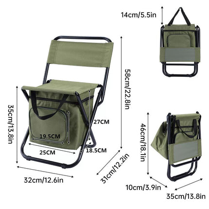 Portable Camping Chair with Cooler Bag Compact Folding Fishing Stool Backrest (Green)