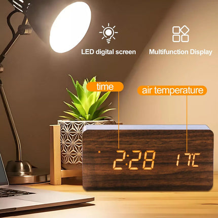 Wooden LED Digital Alarm Clock Temperature Bedside Table Time Display Room Decor