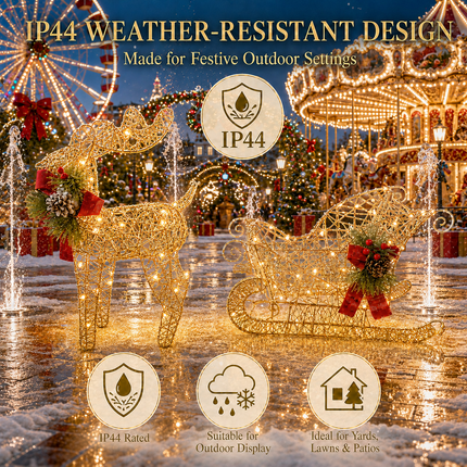 2-Piece LED Christmas Reindeer & Sleigh Solar-Powered Lighted Metal Frame Yard Decoration Set
