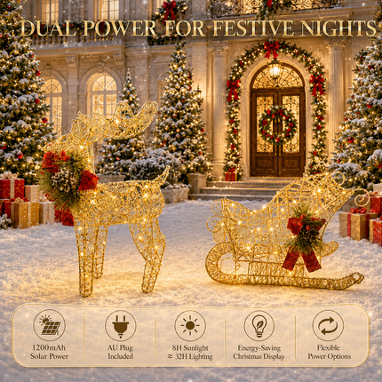 2-Piece LED Christmas Reindeer & Sleigh Solar-Powered Lighted Metal Frame Yard Decoration Set