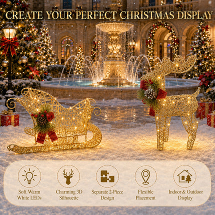 2-Piece LED Christmas Reindeer & Sleigh Solar-Powered Lighted Metal Frame Yard Decoration Set