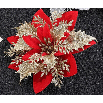 30pcs Christmas Poinsettia Glitter Flower Tree Hanging Xmas Party Tree Decoration red&gold