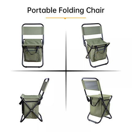 Portable Camping Chair with Cooler Bag Compact Folding Fishing Stool Backrest (Green)
