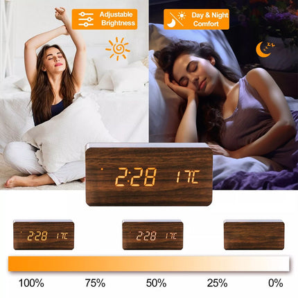Wooden LED Digital Alarm Clock Temperature Bedside Table Time Display Room Decor