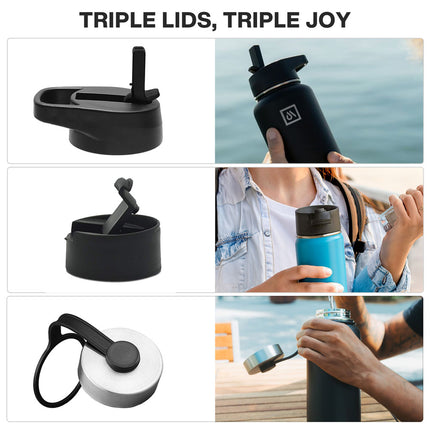 Insulated Water Bottle with 3 Replaceable Lids, Vacuum Flask