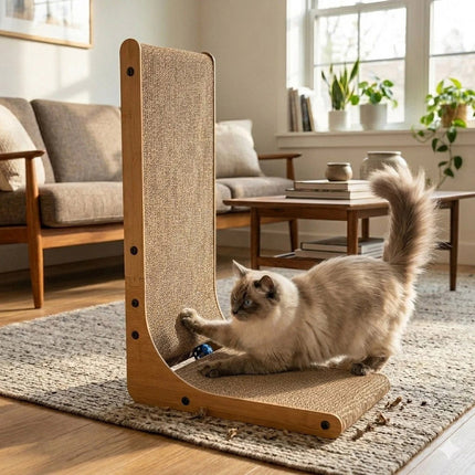 Wall Leaning L Shape Cat Scratcher Cardboard Bed with Wooden Frame 60CM Indoor Use