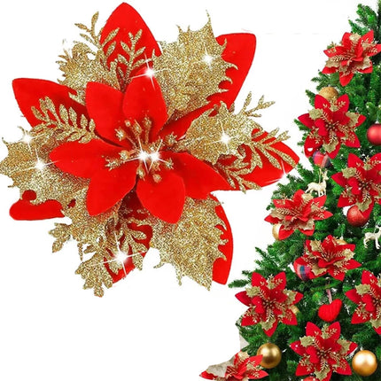 30pcs Christmas Poinsettia Glitter Flower Tree Hanging Xmas Party Tree Decoration red&gold