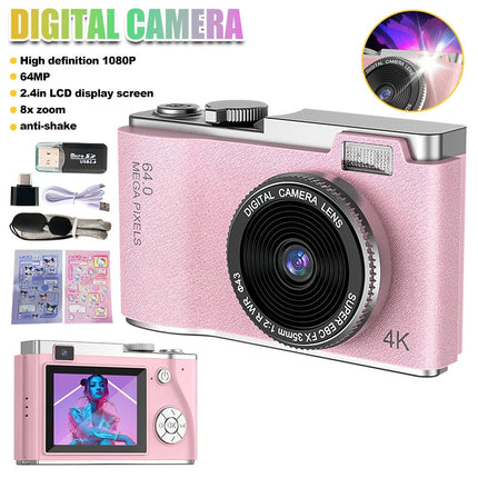 Digital Camera HD 1080P 64MP 2.4'' LCD Display Screen 8X Zoom Anti-Shake Camera (Pink)