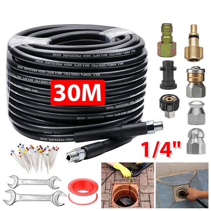 30M Pressure Washer Hose Pipe Sewer Jetter Cleaner Kit Nozzle Metric M22 To 1/4"