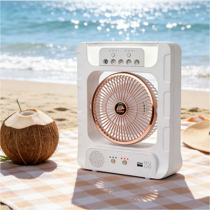 Portable Solar Air Fan Cooler With Humidifier Bluetooth Speaker Camping Light
