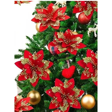 30pcs Christmas Poinsettia Glitter Flower Tree Hanging Xmas Party Tree Decoration red&gold