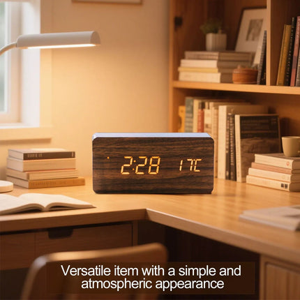 Wooden LED Digital Alarm Clock Temperature Bedside Table Time Display Room Decor