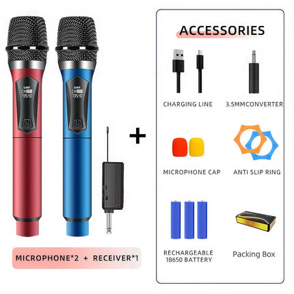 2x Wireless Microphone Handheld Cordless UHF Dynamic Mic System Karaoke Receiver 1x Red + 1x Blue