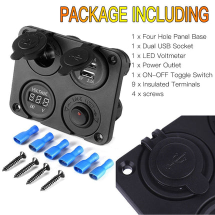 12V Switch Panel Car Cigarette Lighter Socket + Dual USB Port Charger +Voltmeter