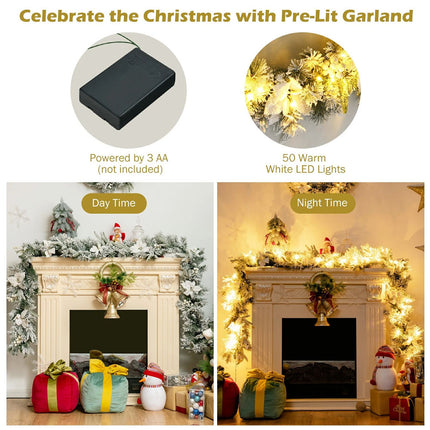 2.8M Pre-Lit Flocked Christmas Garland Artificial Garland Battery Operated Timer