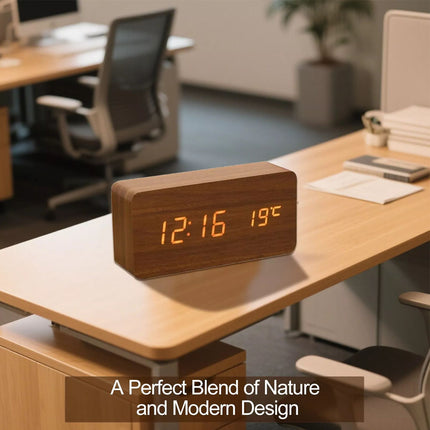 Wooden LED Digital Alarm Clock Temperature Bedside Table Time Display Room Decor
