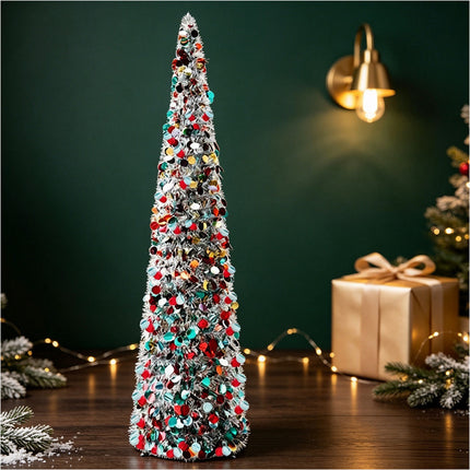 Foldable Christmas Tree Retractable Tinsel Tree Holiday Decor Silver and colors