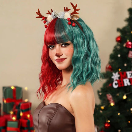 Christmas Wig Red and Green Wig Short Wavy Fun Wigs with Bangs Curly Bob Wigs