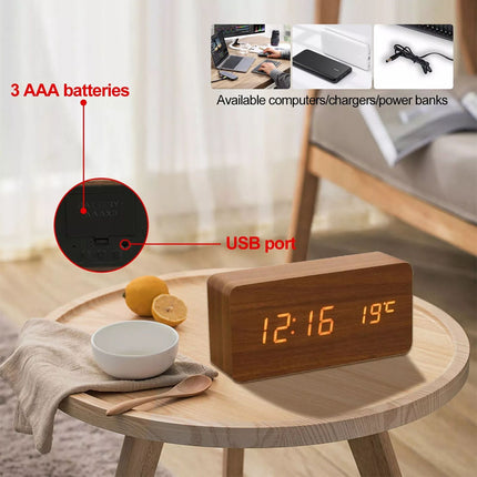 Wooden LED Digital Alarm Clock Temperature Bedside Table Time Display Room Decor