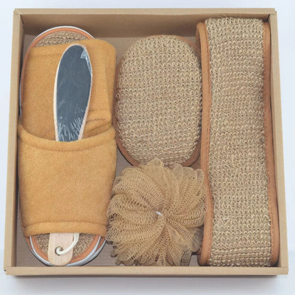 5 Piece Bath Gift Set - Slippers Exfoliating Sponge Back Strap Loofah Foot Scrub