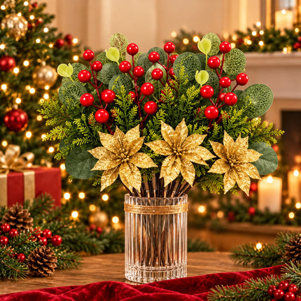 6Pcs Christmas Tree Branch Picks Artificial Poinsettia Floral Spray Xmas Wreath Green