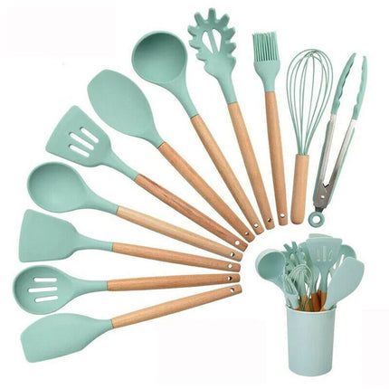 Silicone Utensils Set Wooden Cooking Kitchen Baking BPA Free Cookware Gift 12PCS