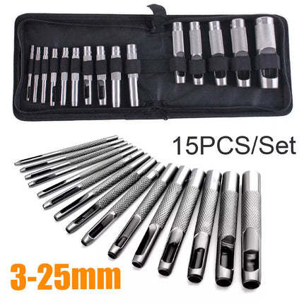 15PCS Precision Hollow Punch Set 3mm-25mm Leather Plastic Gasket Hole Cutter