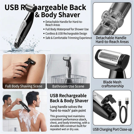 Body Hair Removal Electric Back Shaver Razor Manscaping Trimmer for Mens