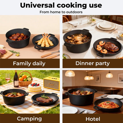 26cm 2in1 Double Dutch Oven Combo Cooking Pot Pan Cast Iron for Grill/ Roast-ing