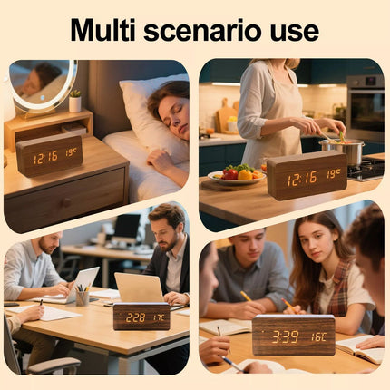 Wooden LED Digital Alarm Clock Temperature Bedside Table Time Display Room Decor