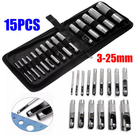 15PCS Precision Hollow Punch Set 3mm-25mm Leather Plastic Gasket Hole Cutter